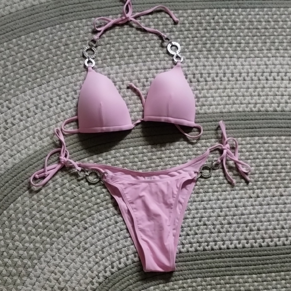 SHEIN Pink and Silver Bikini Set with Triangle Top